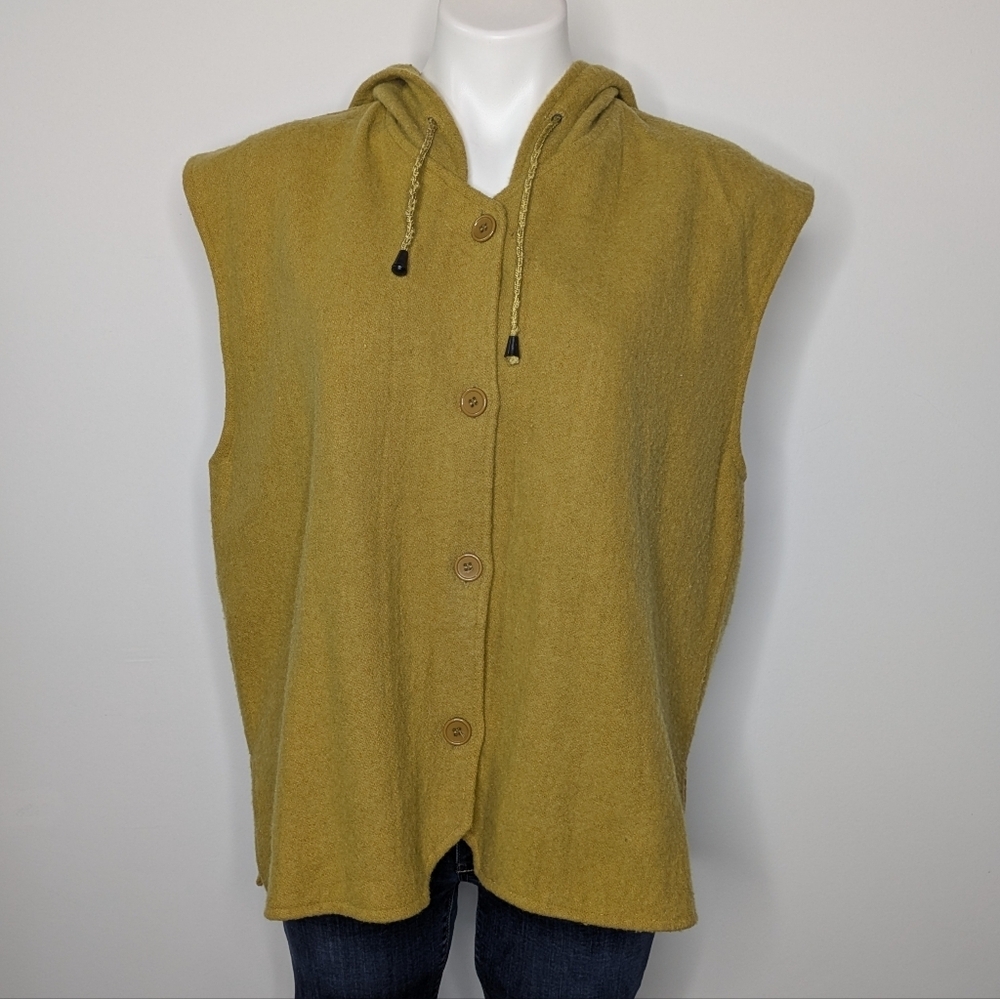 Vintage Phenom Mustard Yellow Sleeveless Wool Blend Button Up Hoodie Sweater S